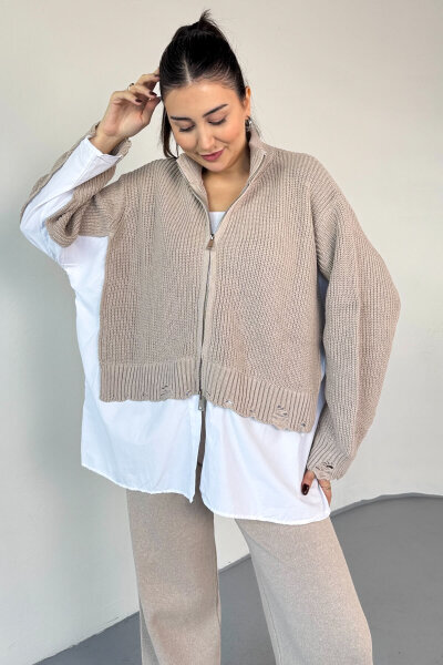 TKM-13347 Bej Poplin Gömlek Detaylı Eskitme Görünümlü Triko Takım - 3