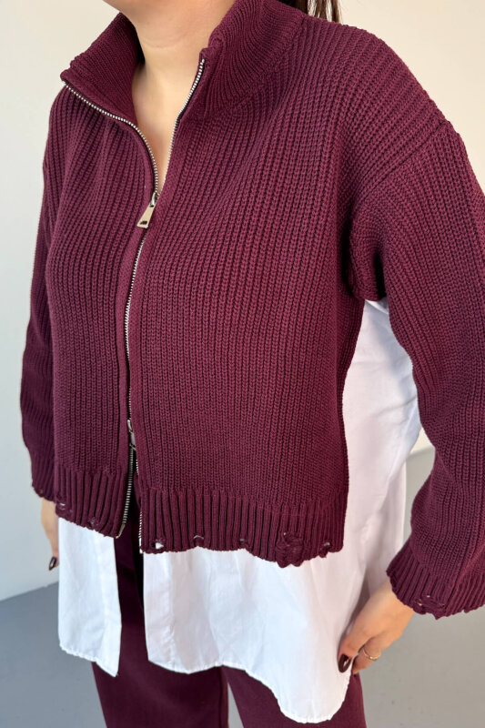 TKM-13347 Bordo Poplin Gömlek Detaylı Eskitme Görünümlü Triko Takım - 3