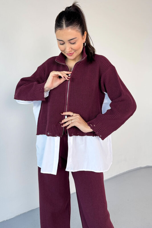TKM-13347 Bordo Poplin Gömlek Detaylı Eskitme Görünümlü Triko Takım - 2