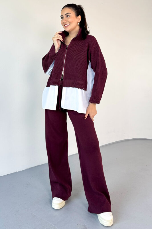 TKM-13347 Bordo Poplin Gömlek Detaylı Eskitme Görünümlü Triko Takım - 1