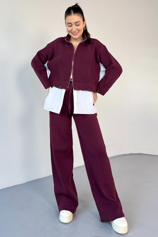 TKM-13347 Bordo Poplin Gömlek Detaylı Eskitme Görünümlü Triko Takım - 4