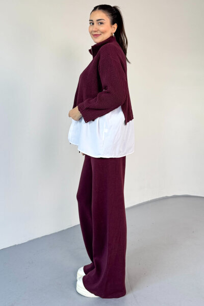 TKM-13347 Bordo Poplin Gömlek Detaylı Eskitme Görünümlü Triko Takım - 5