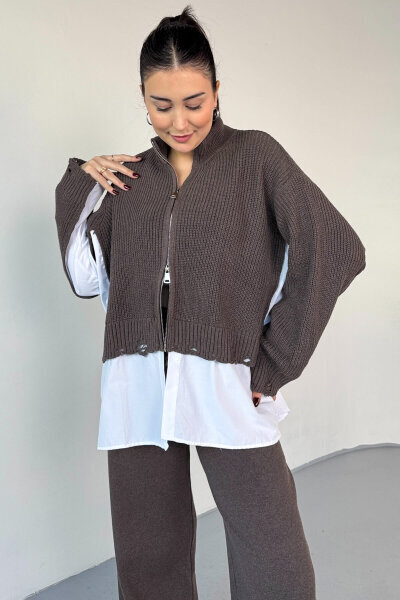 TKM-13347 Kahverengi Poplin Gömlek Detaylı Eskitme Görünümlü Triko Takım - 3