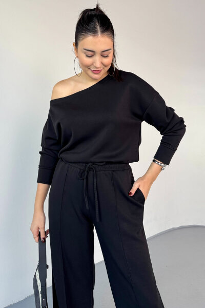 TKM-13348 Siyah İthal Modal Kumaş Kayık Yaka Oversize Rahat Kesim Takım - 2