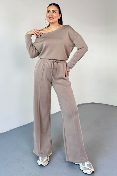 TKM-13348 Taş Rengi İthal Modal Kumaş Kayık Yaka Oversize Rahat Kesim Takım 