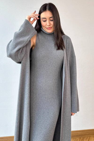 TKM-13349 Antrasit Triko Hırka & Fitilli Yarım Boğaz Kolsuz Elbise İkili Takım - Cappmoda (1)