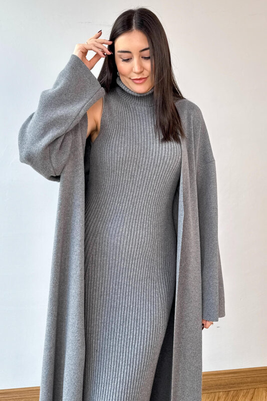 TKM-13349 Antrasit Triko Hırka & Fitilli Yarım Boğaz Kolsuz Elbise İkili Takım - 2