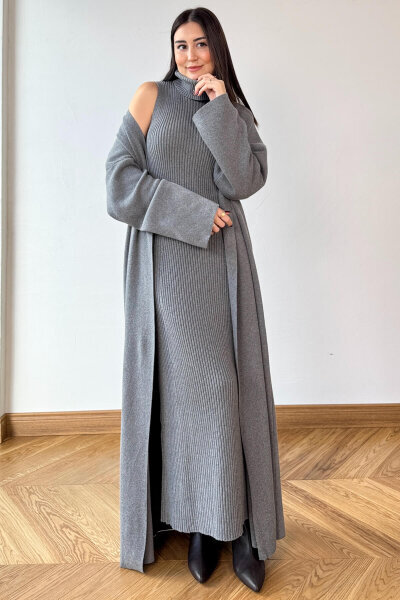 TKM-13349 Antrasit Triko Hırka & Fitilli Yarım Boğaz Kolsuz Elbise İkili Takım - Cappmoda