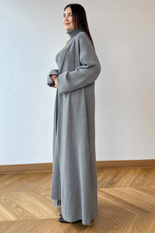 TKM-13349 Antrasit Triko Hırka & Fitilli Yarım Boğaz Kolsuz Elbise İkili Takım - 4