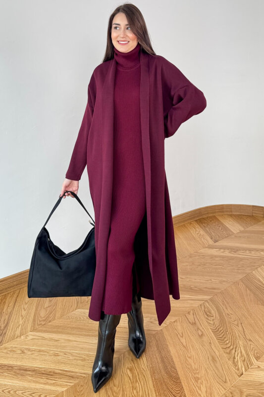 TKM-13349 Bordo Triko Hırka & Fitilli Yarım Boğaz Kolsuz Elbise İkili Takım - 3