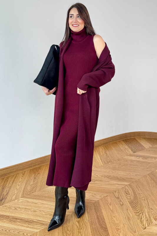 TKM-13349 Bordo Triko Hırka & Fitilli Yarım Boğaz Kolsuz Elbise İkili Takım - 1