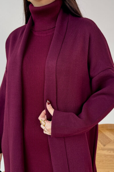 TKM-13349 Bordo Triko Hırka & Fitilli Yarım Boğaz Kolsuz Elbise İkili Takım - 2