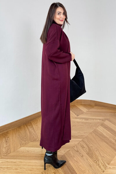 TKM-13349 Bordo Triko Hırka & Fitilli Yarım Boğaz Kolsuz Elbise İkili Takım - 4