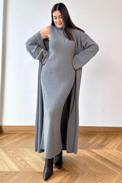 TKM-13349 Gri Triko Hırka & Fitilli Yarım Boğaz Kolsuz Elbise İkili Takım - 3