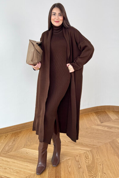 TKM-13349 Kahverengi Triko Hırka & Fitilli Yarım Boğaz Kolsuz Elbise İkili Takım - Cappmoda (1)
