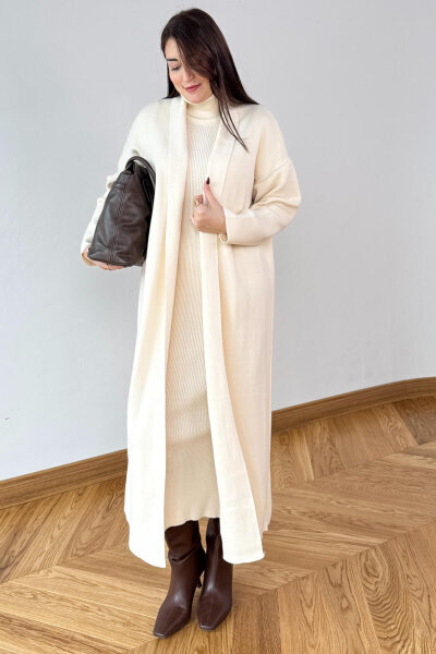 TKM-13349 Krem Triko Hırka & Fitilli Yarım Boğaz Kolsuz Elbise İkili Takım - Cappmoda