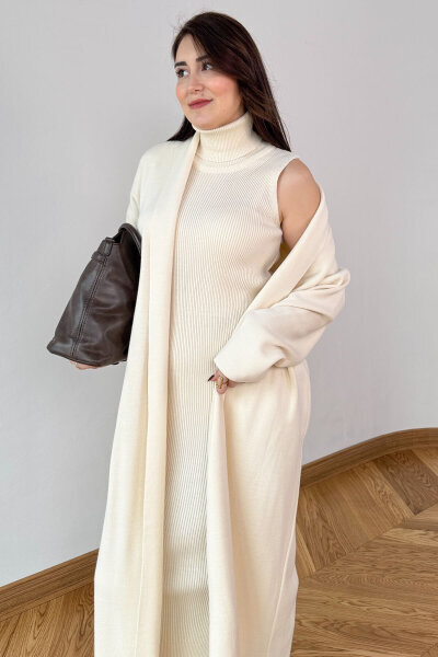 TKM-13349 Krem Triko Hırka & Fitilli Yarım Boğaz Kolsuz Elbise İkili Takım - Cappmoda (1)