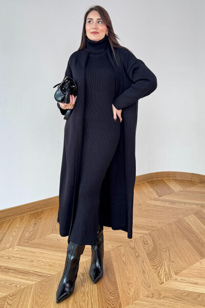 TKM-13349 Siyah Triko Hırka & Fitilli Yarım Boğaz Kolsuz Elbise İkili Takım 