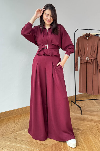 TKM-13351 Bordo Korse Detaylı Fermuarlı Modal Takım - 1