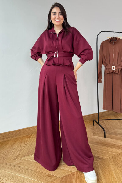 TKM-13351 Bordo Korse Detaylı Fermuarlı Modal Takım - 4