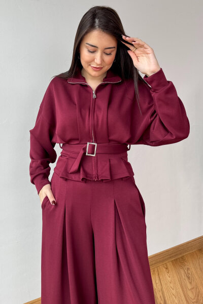 TKM-13351 Bordo Korse Detaylı Fermuarlı Modal Takım - 2