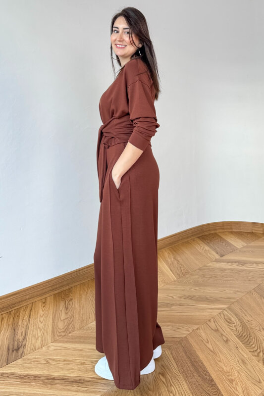 TKM-13352 Kahverengi Modal Kumaş Önden Bağlamalı Özel Tasarım İkili Takım - 4