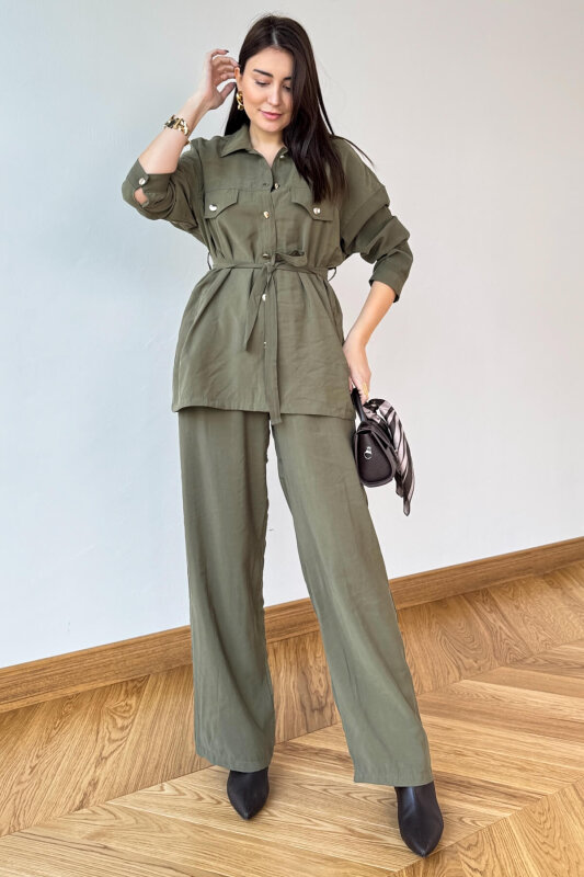 TKM-13354 Haki Buruşuk Kumaş Kuşaklı Gömlek Pantolon İkili Takım - 1