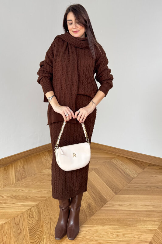 TKM-13356 Acı Kahve Saç Örgülü Şallı Etekli Üçlü Oversize Triko Takım - 1