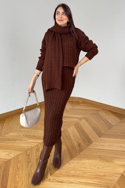 TKM-13356 Acı Kahve Saç Örgülü Şallı Etekli Üçlü Oversize Triko Takım - 3
