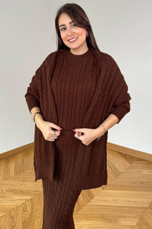 TKM-13356 Acı Kahve Saç Örgülü Şallı Etekli Üçlü Oversize Triko Takım - 2