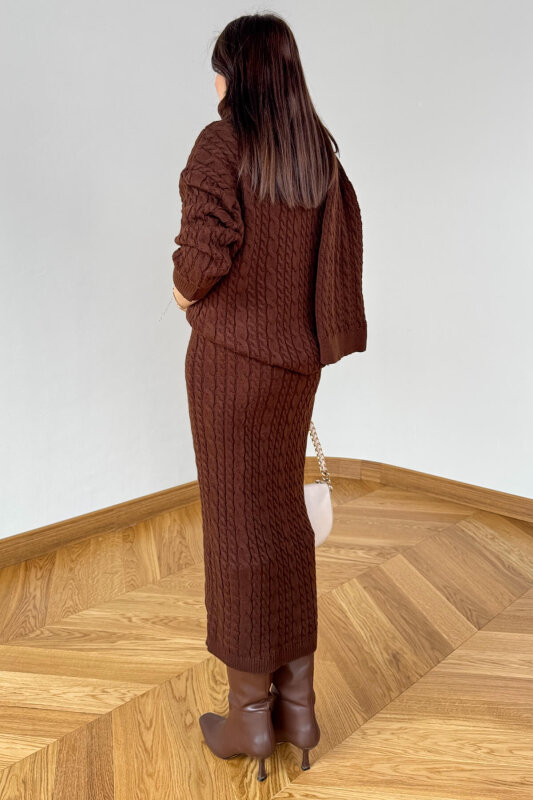 TKM-13356 Acı Kahve Saç Örgülü Şallı Etekli Üçlü Oversize Triko Takım - 4