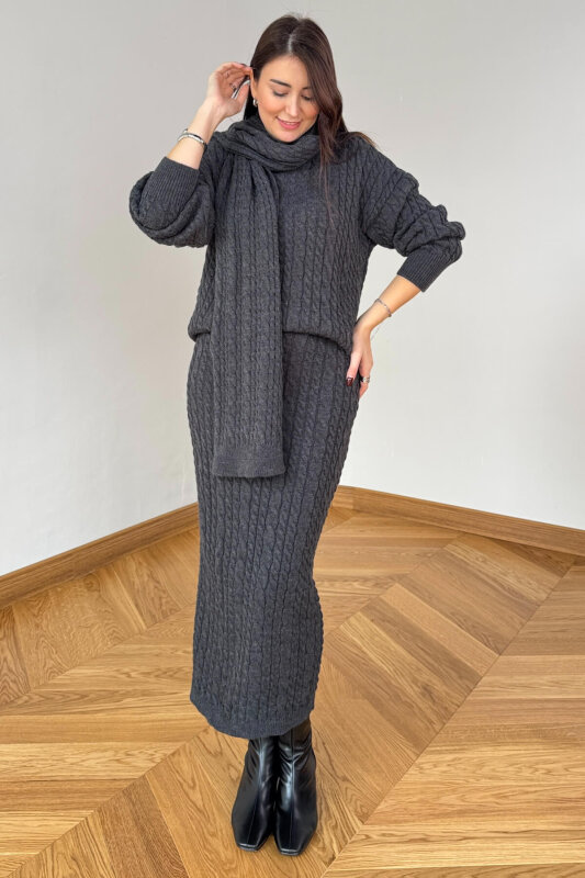 TKM-13356 Antrasit Saç Örgülü Şallı Etekli Üçlü Oversize Triko Takım - 1