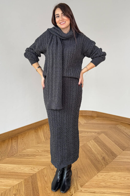 TKM-13356 Antrasit Saç Örgülü Şallı Etekli Üçlü Oversize Triko Takım - 5