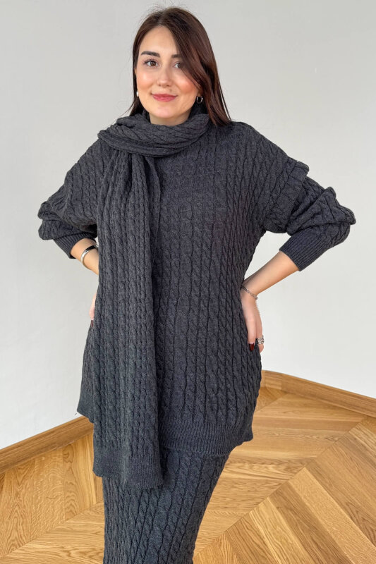 TKM-13356 Antrasit Saç Örgülü Şallı Etekli Üçlü Oversize Triko Takım - 2