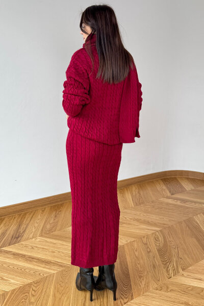 TKM-13356 Bordo Saç Örgülü Şallı Etekli Üçlü Oversize Triko Takım - 3