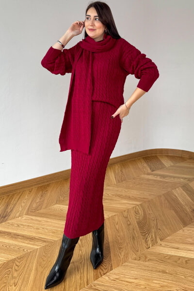 TKM-13356 Bordo Saç Örgülü Şallı Etekli Üçlü Oversize Triko Takım - Cappmoda