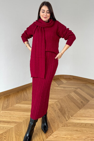 TKM-13356 Bordo Saç Örgülü Şallı Etekli Üçlü Oversize Triko Takım - Cappmoda (1)