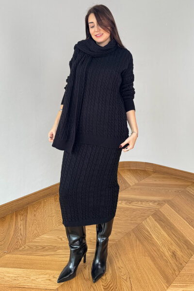 TKM-13356 Siyah Saç Örgülü Şallı Etekli Üçlü Oversize Triko Takım - Cappmoda (1)