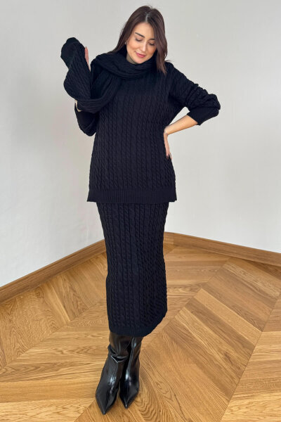 TKM-13356 Siyah Saç Örgülü Şallı Etekli Üçlü Oversize Triko Takım - Cappmoda