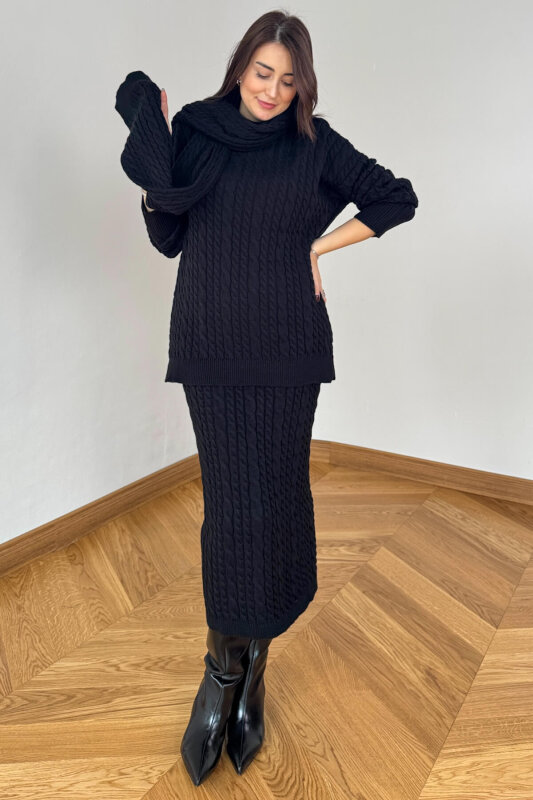 TKM-13356 Siyah Saç Örgülü Şallı Etekli Üçlü Oversize Triko Takım - 1