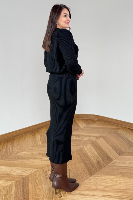 TKM-13357 Siyah Kalpli Düğmeli Hırka & Etek Oversize Triko Takım - 5