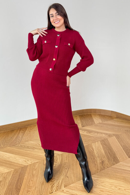 TKM-13358 Bordo Kalın Fitilli Düğme Detaylı Etekli Triko Takım - 4