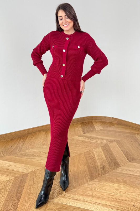 TKM-13358 Bordo Kalın Fitilli Düğme Detaylı Etekli Triko Takım - 1