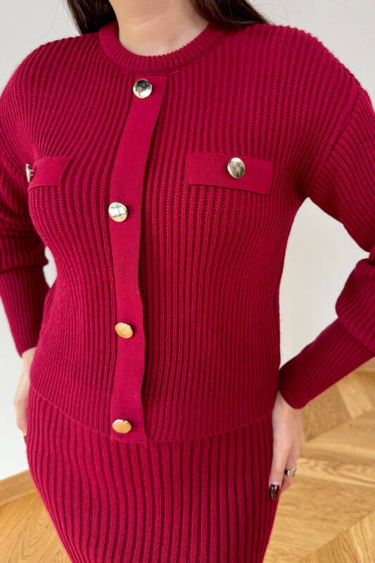 TKM-13358 Bordo Kalın Fitilli Düğme Detaylı Etekli Triko Takım - 3