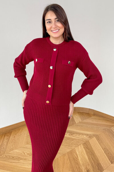 TKM-13358 Bordo Kalın Fitilli Düğme Detaylı Etekli Triko Takım - Cappmoda (1)
