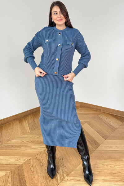 TKM-13358 Mavi Kalın Fitilli Düğme Detaylı Etekli Triko Takım - 3