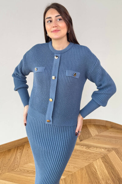 TKM-13358 Mavi Kalın Fitilli Düğme Detaylı Etekli Triko Takım - Cappmoda (1)
