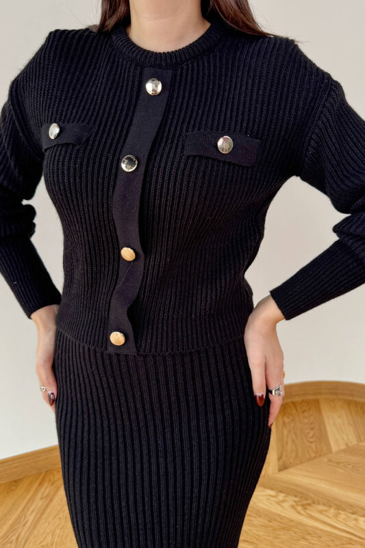 TKM-13358 Siyah Kalın Fitilli Düğme Detaylı Etekli Triko Takım - 3