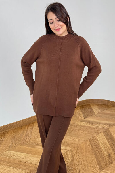 TKM-13359 Kahverengi Yarım Balıkçı Çelik Örme Triko Takım - Cappmoda (1)