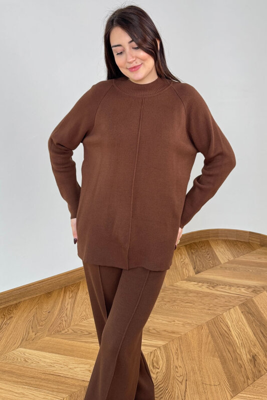 TKM-13359 Kahverengi Yarım Balıkçı Çelik Örme Triko Takım - 2